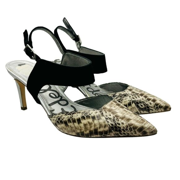 Sam Edelman Shoes - Sam Edelman Ola Slingback Pumps Womens 8.5M Ivory Black Snake Print Pointed Toe